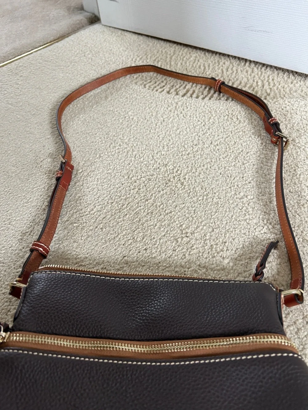 Dooney & Bourke Dark Brown Pebbled Leather Crossbody Messenger with Tan Trim - Picture 8 of 9